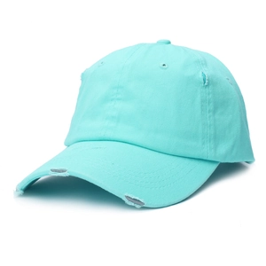Detail of mint green washed cotton ponytail baseball cap with distressed rip effects