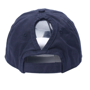 Rear view of navy cotton baseball cap with teardrop ponytail opening and velcro strap