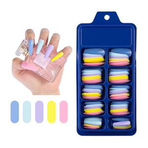 Detailed set of long coffin false nails in pastel colors with 10-grid storage box