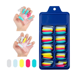 Detailed set of multi-color coffin press-on nails including blue, yellow, and pink colors