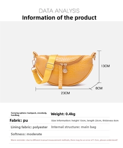 Detail view of yellow faux leather dumpling bag with stone pattern and dimensions