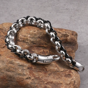 Vintage men's genuine leather bracelet with chunky silver stainless steel chain links
