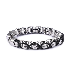 Vintage black leather braided bracelet for men with interlocking silver metal rings