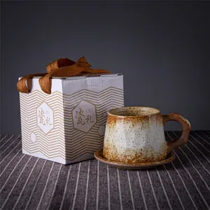 Japanese retro stoneware coffee cup set with saucer in elegant gift box packaging