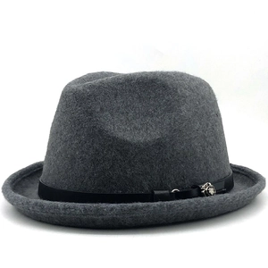 Detail of grey wool fedora hat featuring a black leather belt with silver metal buckle decor