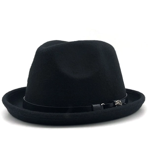 Classic black wool fedora hat with a leather strap and silver metal buckle detail