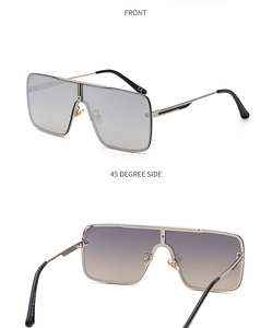 Detailed view of square gradient lens sunglasses with thin gold frames and model code