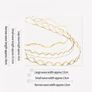 Three gold wavy metal headbands for women with detailed size measurements and sleek design