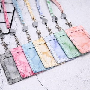 Marble pattern PU leather ID card holders with lanyards and retractable reels in seven colors