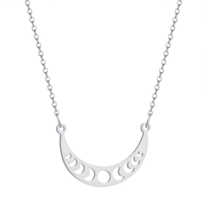 Close-up of silver stainless steel crescent moon phase pendant with hollow cutout detail