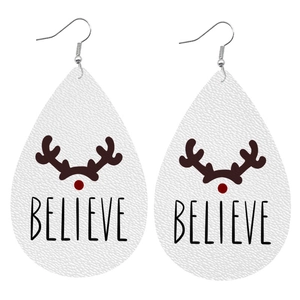 Christmas reindeer teardrop faux leather earrings with Believe text and floral pattern