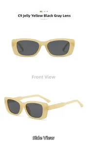 Detail of yellow jelly rectangle sunglasses with grey lenses and silver metal rivets