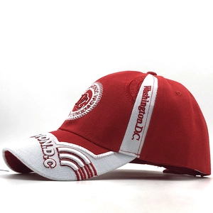 Red and white Washington D.C. embroidered baseball cap with detailed side stitching