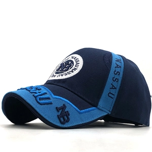 Two-tone blue cotton baseball cap featuring NASSAU and NB embroidery from a 45-degree angle