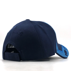 Detail view of adjustable back strap and embroidery on navy blue baseball cap