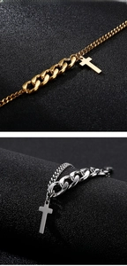 Detail of titanium steel thick chain necklace with zircon cross and mixed link design