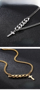 Detail showing 316L stainless steel cross necklaces in silver and gold cuban link