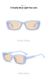 Detail view of jelly blue square frame sunglasses with light tea lenses in two angles