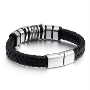 Men's black braided leather bracelet with stainless steel clasp and honeycomb details