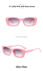 Front and side view of jelly pink rectangular sunglasses with double grey gradient lenses