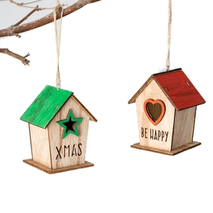 Minimalist wooden Christmas house ornaments with XMAS and BE HAPPY prints on natural wood