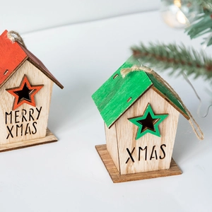Nordic wooden Christmas house ornaments with Merry Xmas text and stars for tree decoration