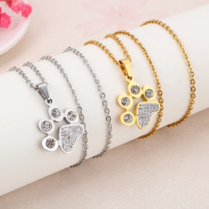 Cute kitten paw pendant necklace in 18K gold and silver plating with shiny rhinestones