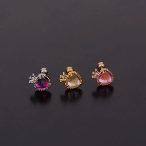 Three crown heart stud earrings in purple, aurora, and pink stones on stainless steel