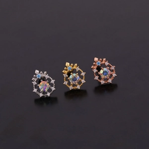 Three crown zircon stud earrings in silver, gold, and rose gold finish on black backdrop