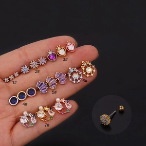 Zircon Cartilage Stud Earrings Stainless Steel Copper For Women Heart Flower Star Screw Back Piercing Jewelry