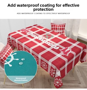 Waterproof red plaid Christmas tablecloth detail with Merry Christmas print and snowflakes