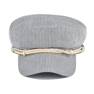 Detail of grey corduroy newsboy cap with cream braided rope and side buttons