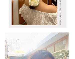 Detail shots of a white champagne rose hair scrunchie shown from back and side view