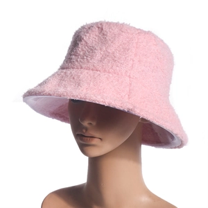 Pink teddy fleece bucket hat for women with soft plush texture for winter warmth