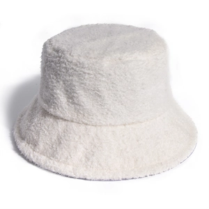 Detailed view of the soft white plush texture on this winter teddy fleece bucket hat