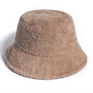 Detail showing the thick teddy plush texture of this warm brown winter bucket hat