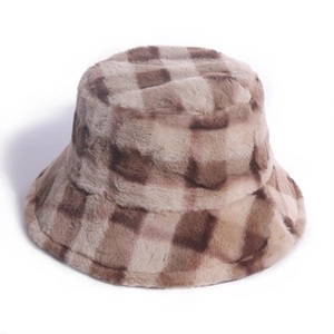Winter plush checkerboard bucket hat in warm brown and beige faux rabbit fur pattern