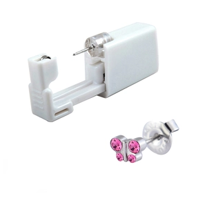 Sterile disposable ear piercing tool with pink butterfly crystal stud earring in 316L steel