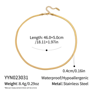 Flat 18K gold snake chain necklace detail showing 4mm width and hypoallergenic material