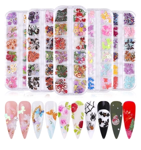Detailed set of 5 nail art storage boxes featuring floral, butterfly and holiday patterns