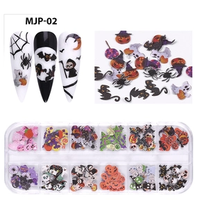 Detailed 12-grid box with Halloween nail art flakes featuring pumpkins and ghosts