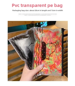 Detailed view of colorful elastic hair bands in a transparent 20x13cm cartoon zipper bag