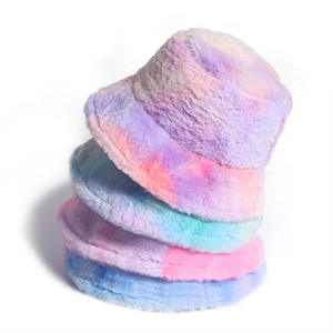 Damen Winter Tie Dye Fischerhut Kunstkaninchenfell Plüsch Regenbogen Farbverlauf Warm Winddicht Outdoor Mode Lässig