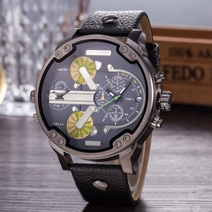 Macro detail of the gunmetal industrial dial with multiple time zones and leather strap