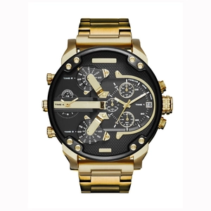 Detail of gold multi-timezone watch dial with four independent displays and calendar