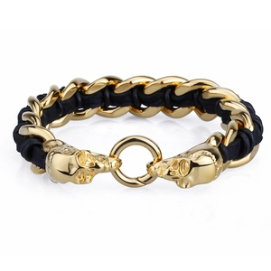 Mens gold skull braided leather bracelet with stainless steel chain and wolf head accents