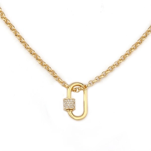 Golden chunky link necklace with a sparkling pavé carabiner pendant on a white background