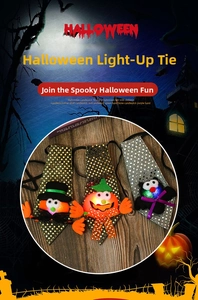 Close-up of LED Halloween ties with sequins featuring pumpkin and ghost patterns