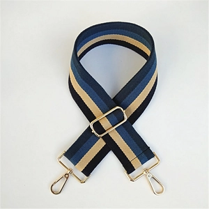 Detail of blue and beige striped canvas strap with adjustable gold metal hardware