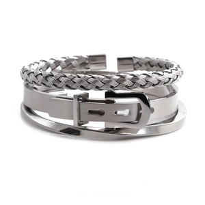 Three-piece set of silver stainless steel bracelets featuring twisted and buckled designs